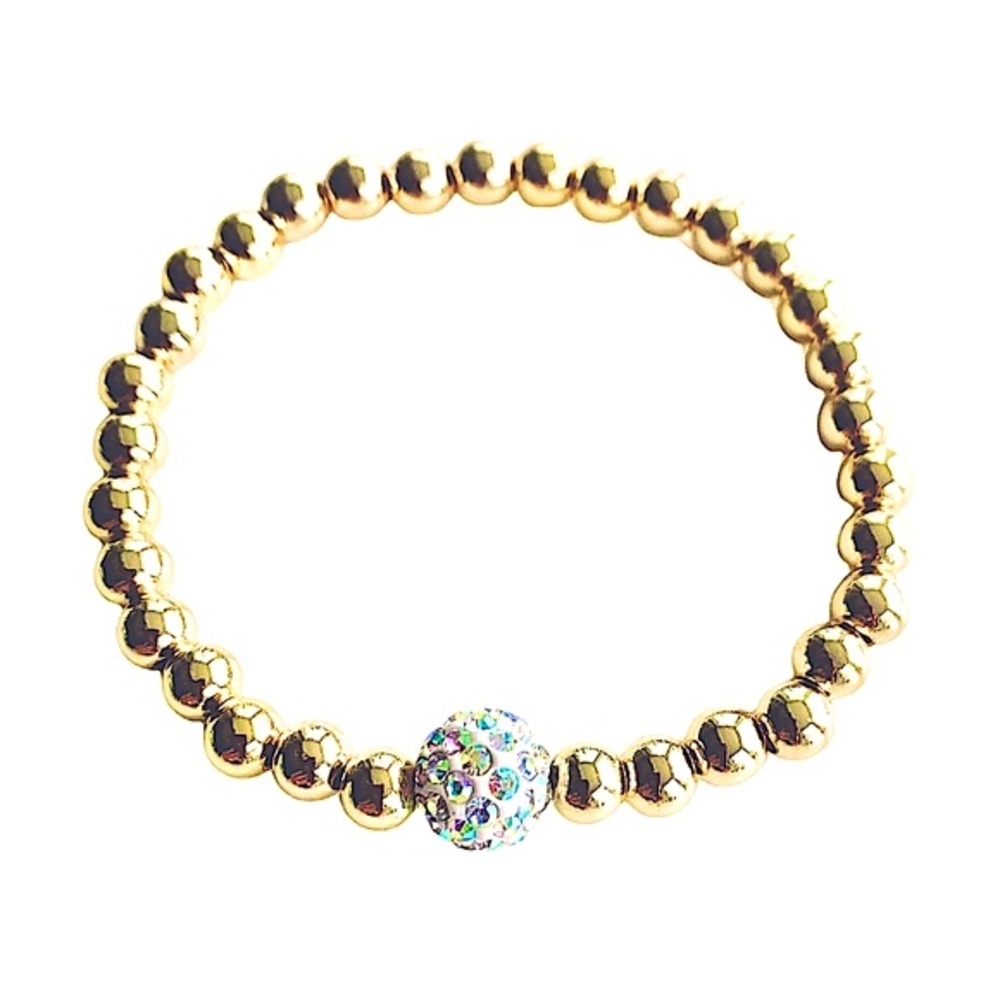 NEW 14k Gold Filled 6mm Stretch Bead Bracelet With Crystal Iridescent Center